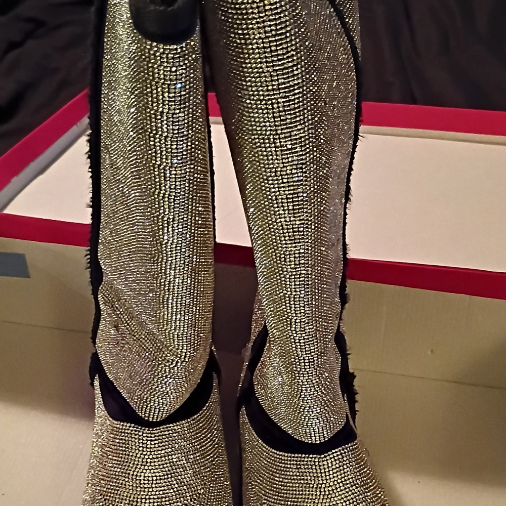 Shoe Dazzle Sparkling Silver and Black Heeled Boots
